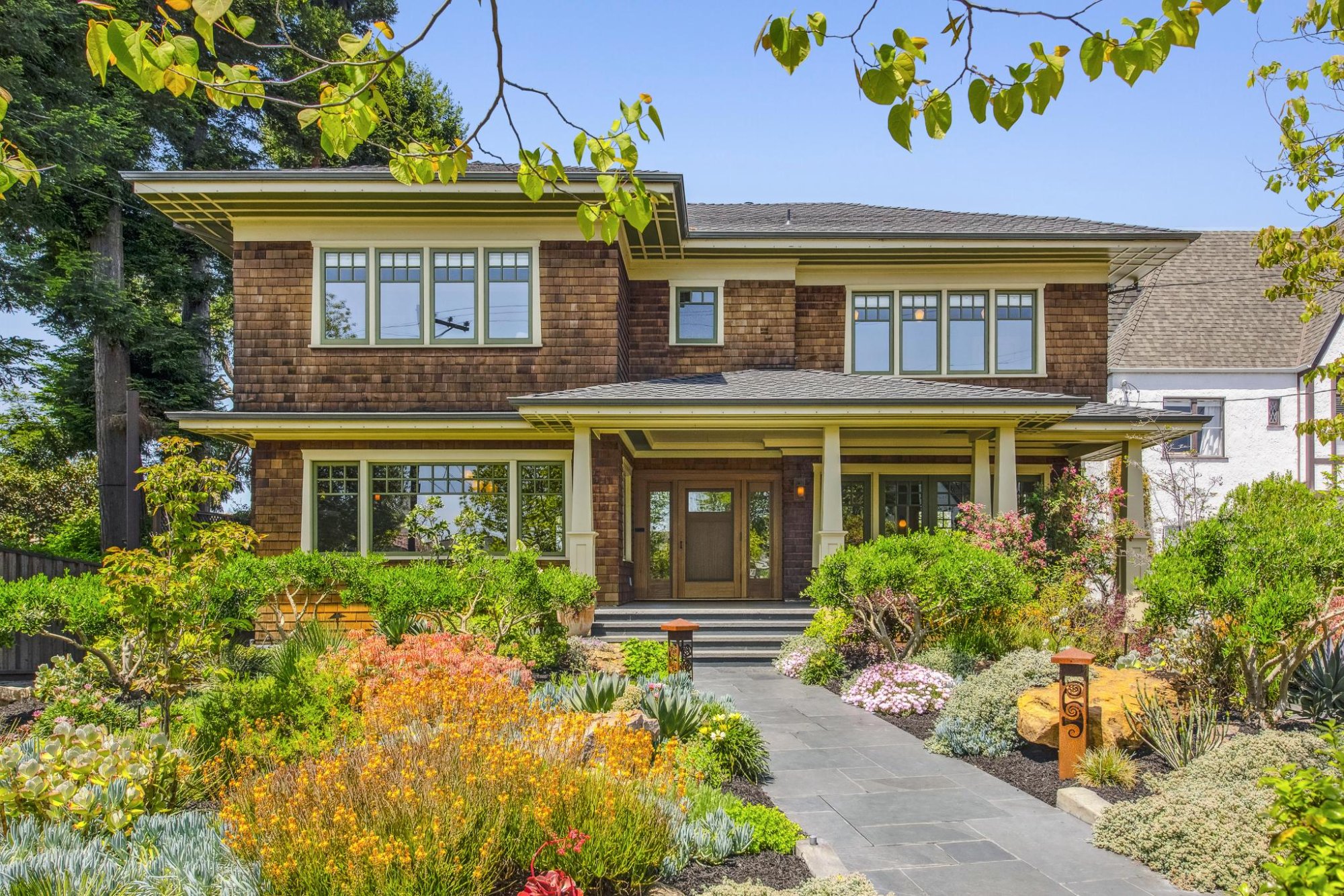 1015 Warfield Avenue, Oakland — 1907 Craftsman exterior with cedar shingle facade and front garden